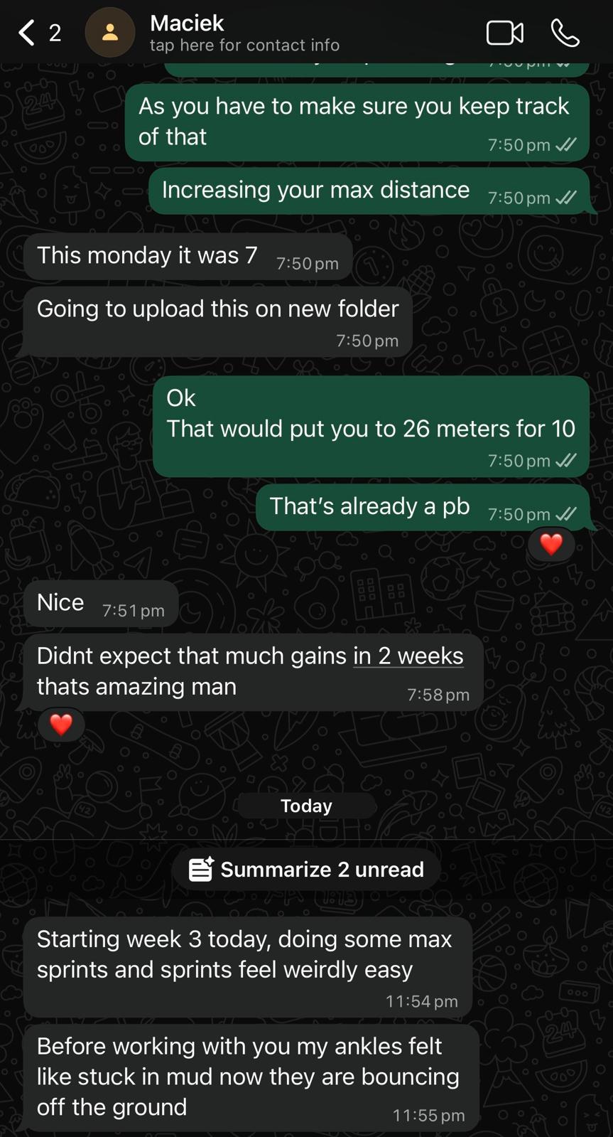 Real client message — Maciek, week 2 PB