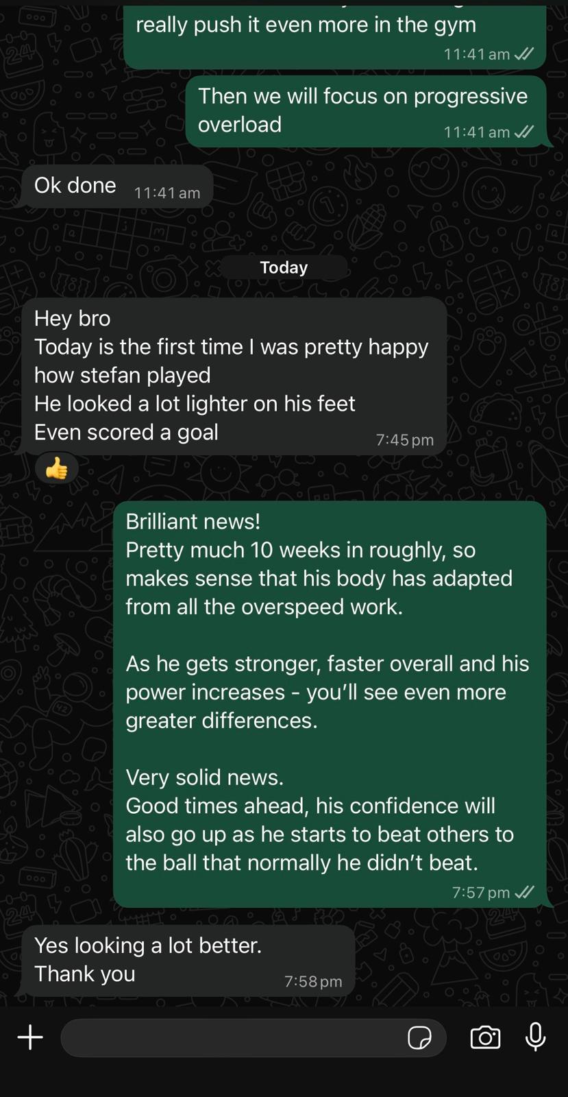 Real parent message — Stefan playing 10 weeks in